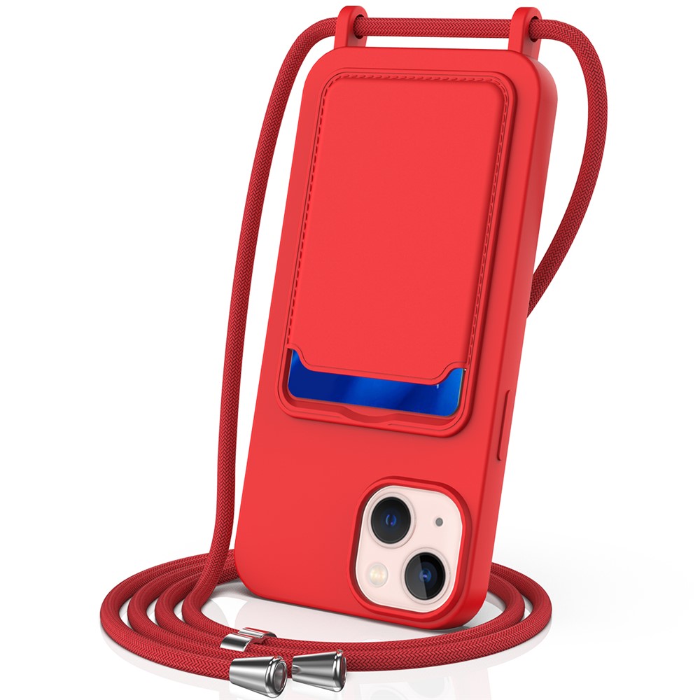 For iPhone 13 Case Liquid Silicone Back Card Holder Phone Cover with Neck Strap - Red
