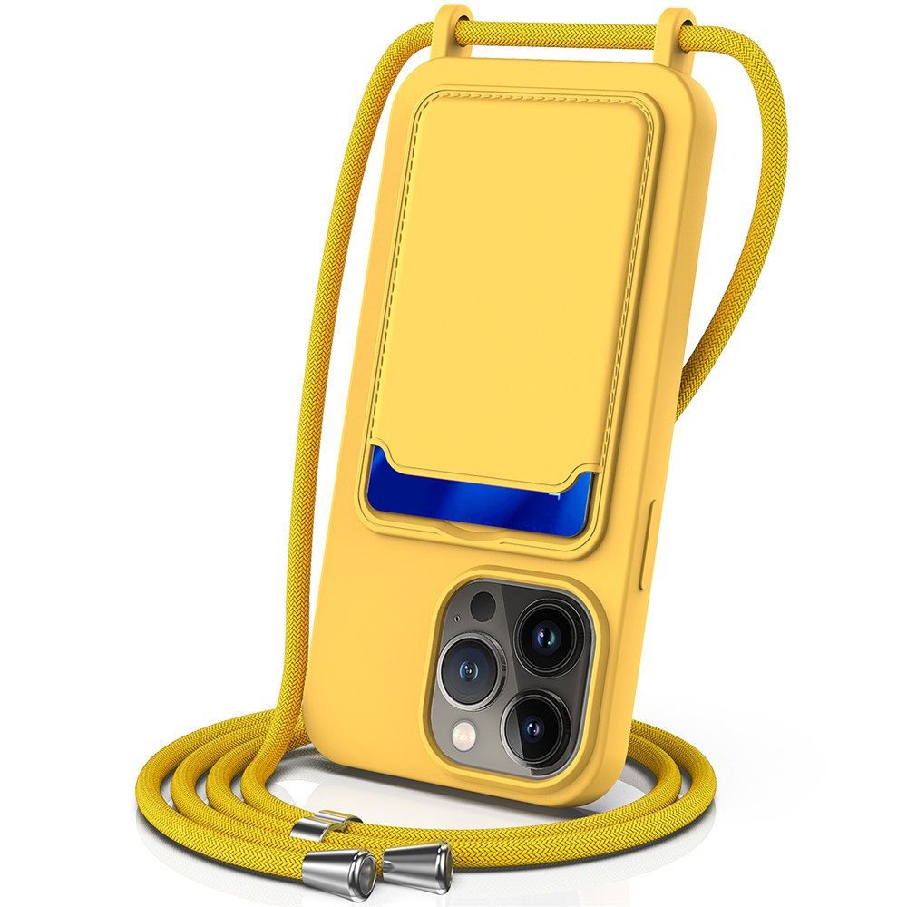 For iPhone 13 Pro Card Slot Case Liquid Silicone Phone Protector with Lanyard - Yellow