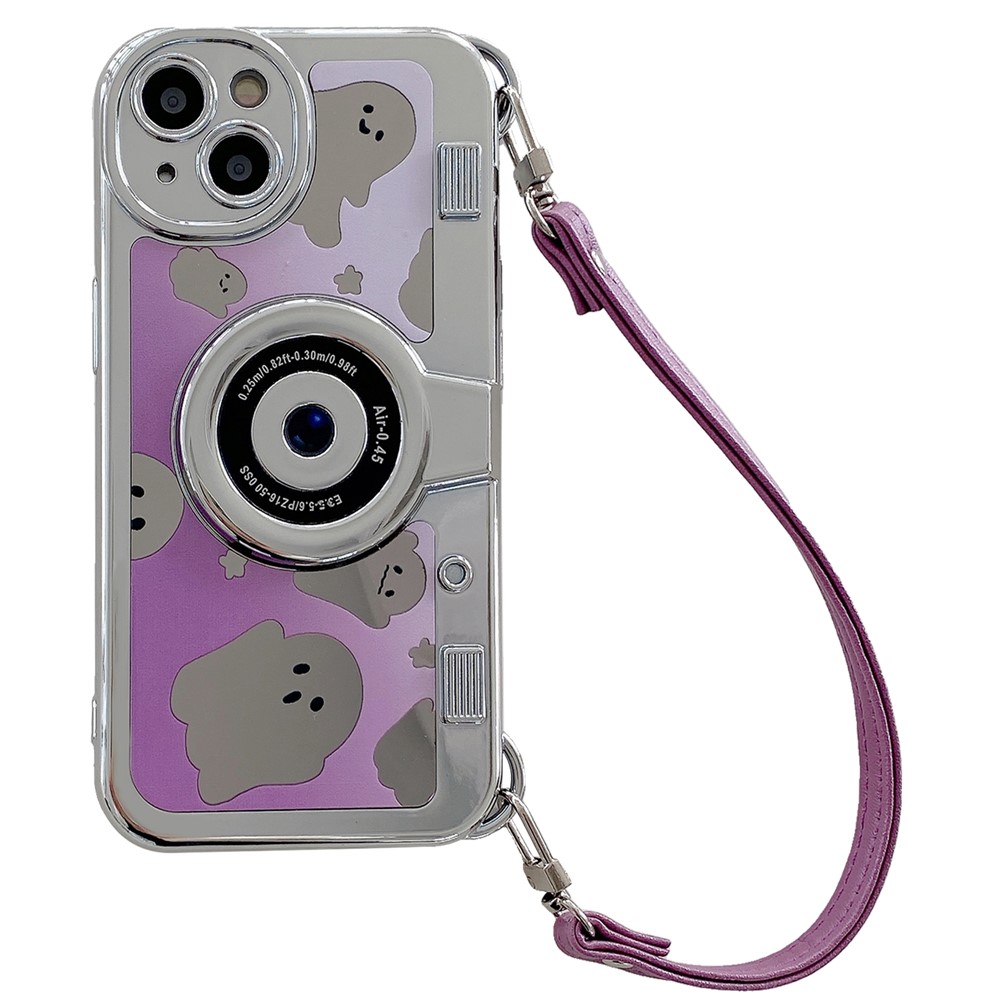 For iPhone 14 Cover Camera Design Mirror Effect Cute Ghost TPU Phone Case with Strap