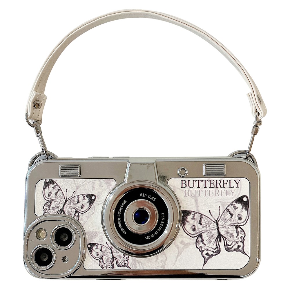 For iPhone 14 Plus Electroplating Phone Cases Camera Shaped TPU Phone Cover with Leather Strap