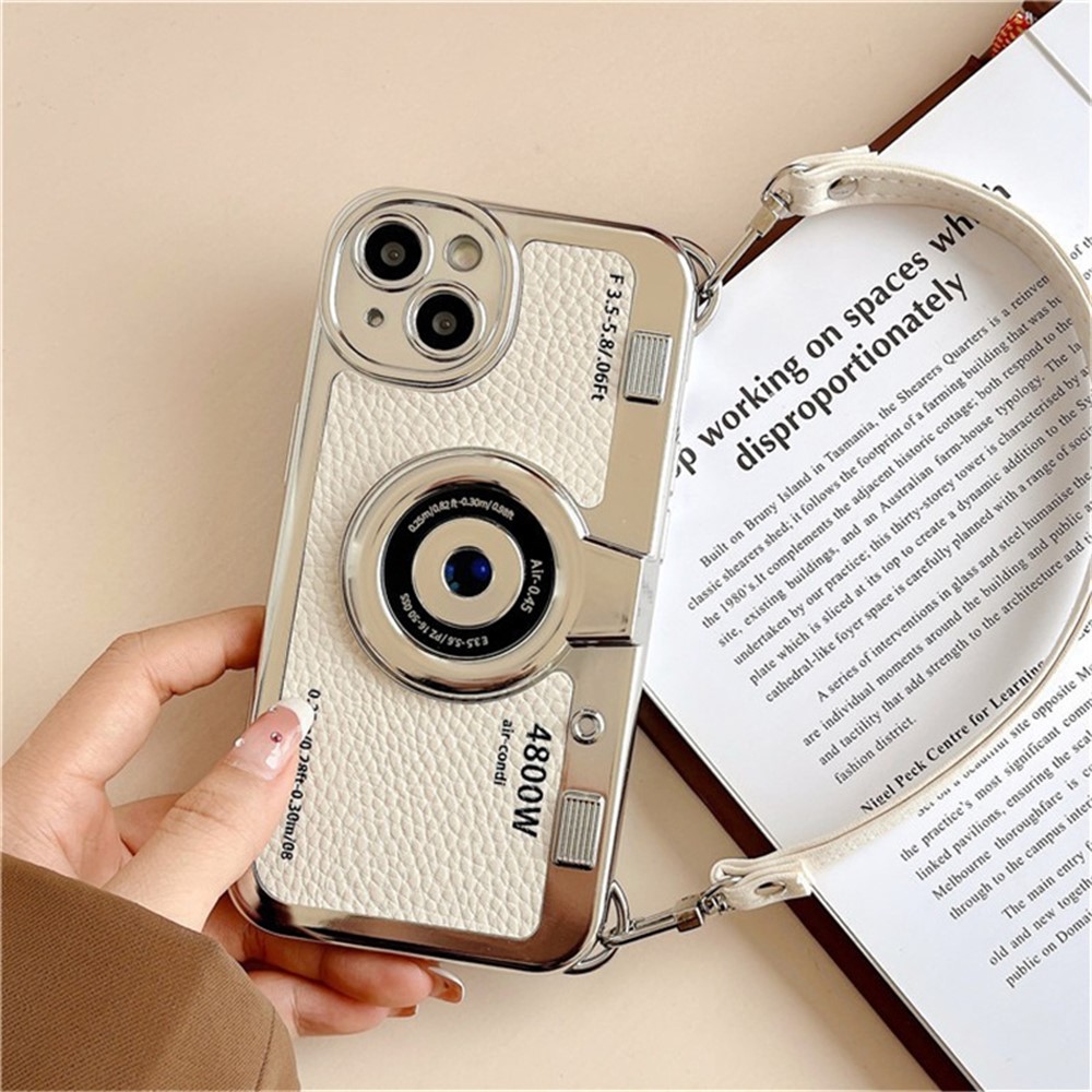 For iPhone 14 Plus Case Electroplated Leather+TPU Cell Phone Cover with Strap Camera Design - White