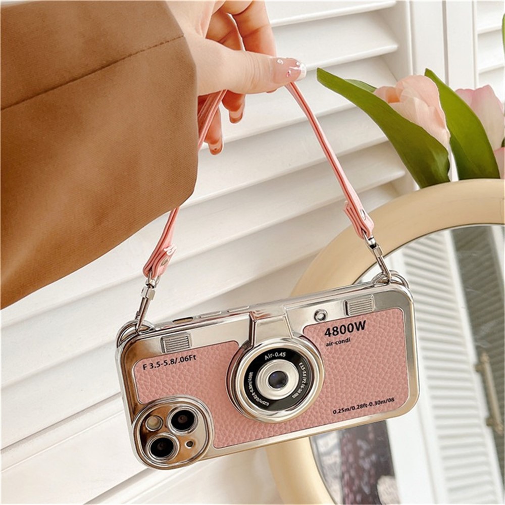For iPhone 14 Plus Case Electroplated Leather+TPU Cell Phone Cover with Strap Camera Design - Pink