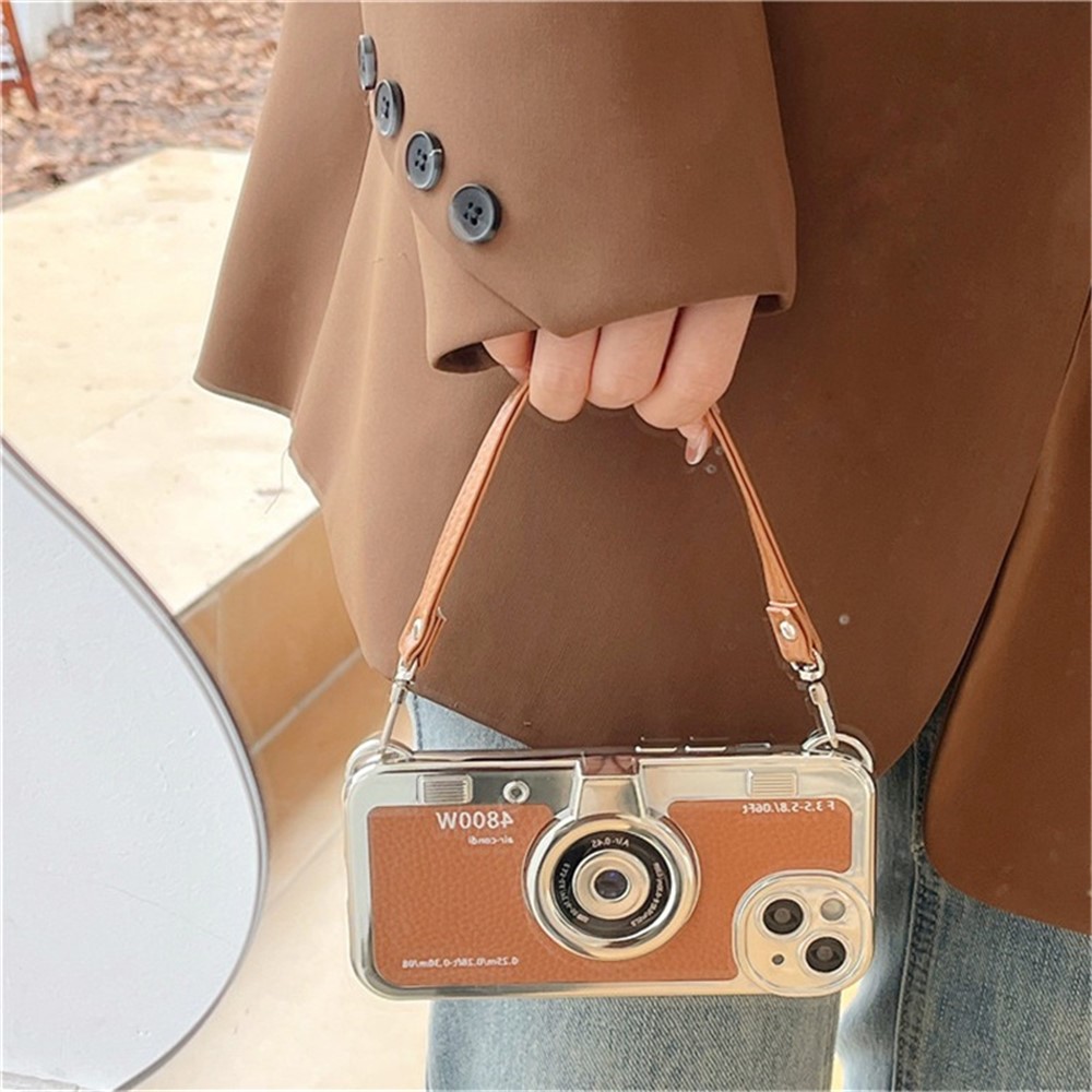 For iPhone 14 Plus Case Electroplated Leather+TPU Cell Phone Cover with Strap Camera Design - Brown