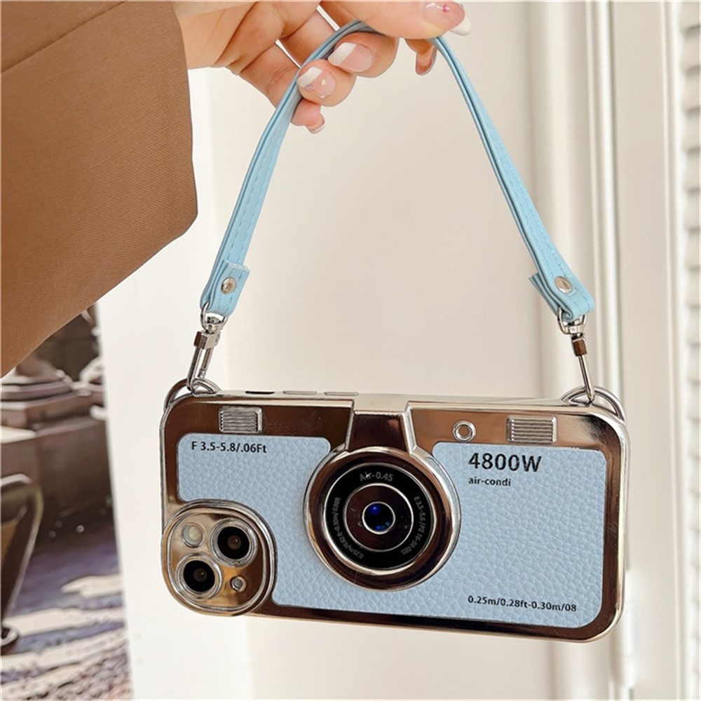 For iPhone 14 Cover Electroplated Leather+TPU Phone Shell with Strap Camera Shape - Blue