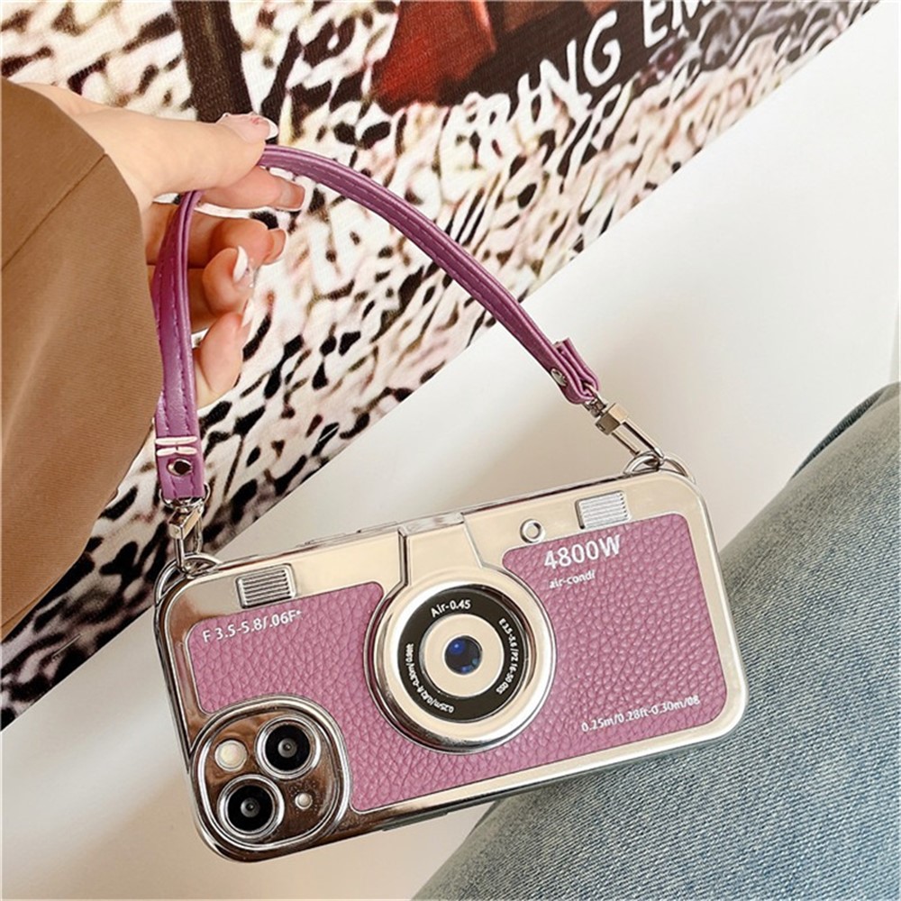 For iPhone 14 Cover Electroplated Leather+TPU Phone Shell with Strap Camera Shape - Purple