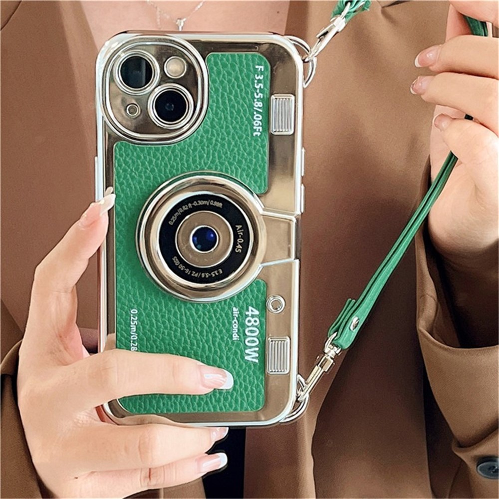 For iPhone 13 Wholesale Phone Cases Electroplating PU Leather+TPU Phone Shell with Strap - Green