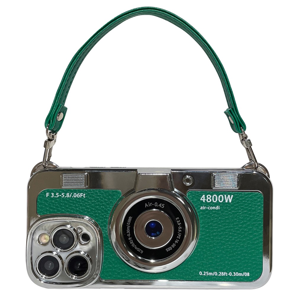 For iPhone 13 Pro Max 6.7 inch Case Camera Design Electroplated Leather+TPU Cover with Strap - Green
