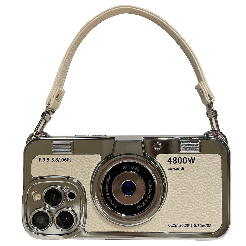 For iPhone 13 Pro Max 6.7 inch Case Camera Design Electroplated Leather+TPU Cover with Strap - White