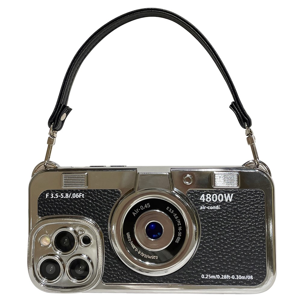 For iPhone 13 Pro Max 6.7 inch Case Camera Design Electroplated Leather+TPU Cover with Strap - Black