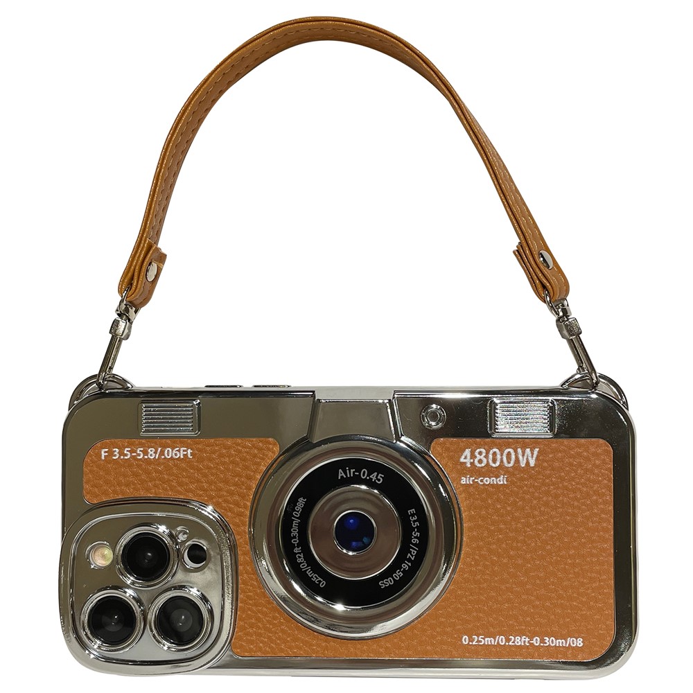 For iPhone 13 Pro Max 6.7 inch Case Camera Design Electroplated Leather+TPU Cover with Strap - Brown
