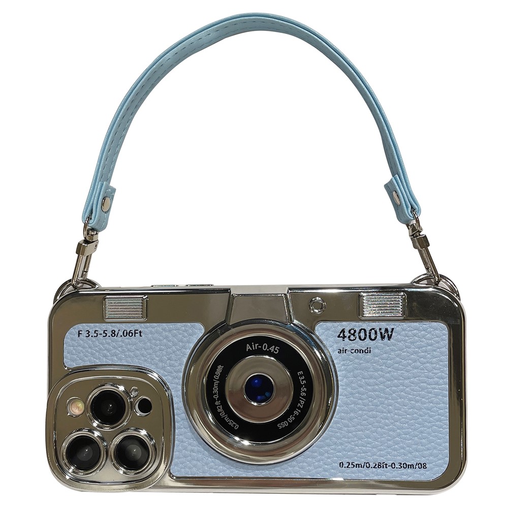 For iPhone 13 Pro Cases Camera Shaped Electroplating TPU Wholesale Phone Cover with Wrist Strap - Blue