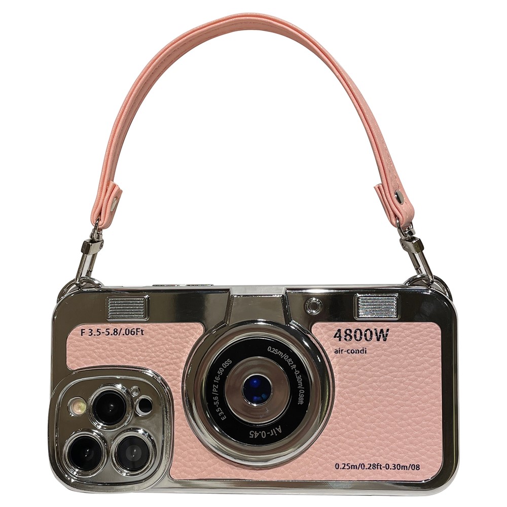 For iPhone 13 Pro Cases Camera Shaped Electroplating TPU Wholesale Phone Cover with Wrist Strap - Pink