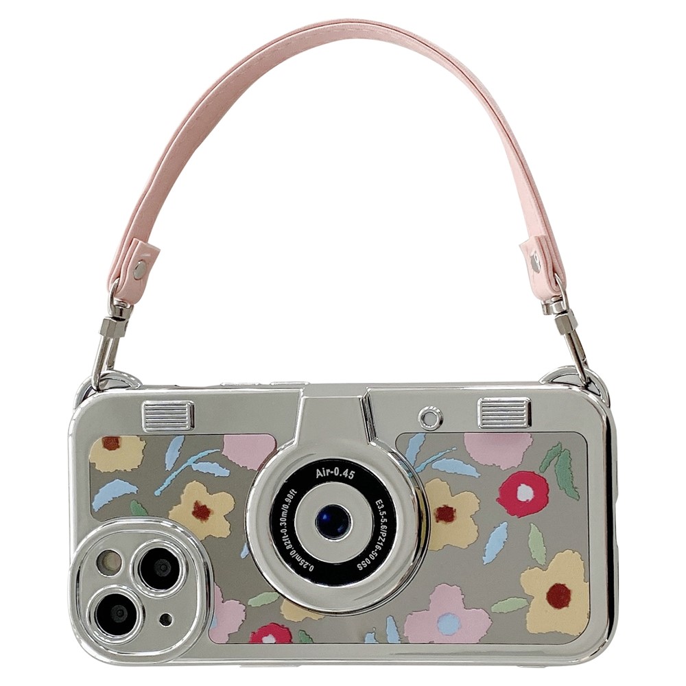 For iPhone 14 Cover Electroplating TPU Cell Phone Shell with Tote Strap Flower Pattern Camera Design - Yellow Flower