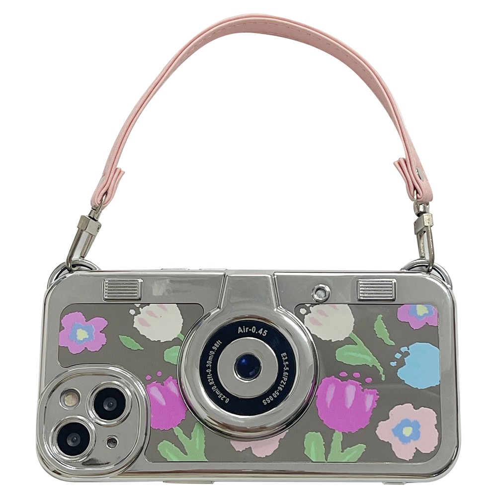 For iPhone 13 Camera Shaped TPU Cover Mirror Surface Electroplating Phone Cases with Handy Strap - Pink Flower