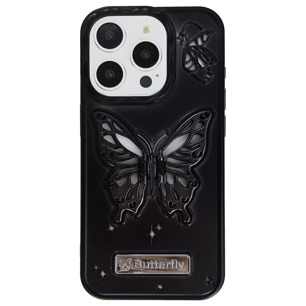 For iPhone 13 Pro TPU Cover Matte Butterfly Design PC Kickstand Cell Phone Shell - Black