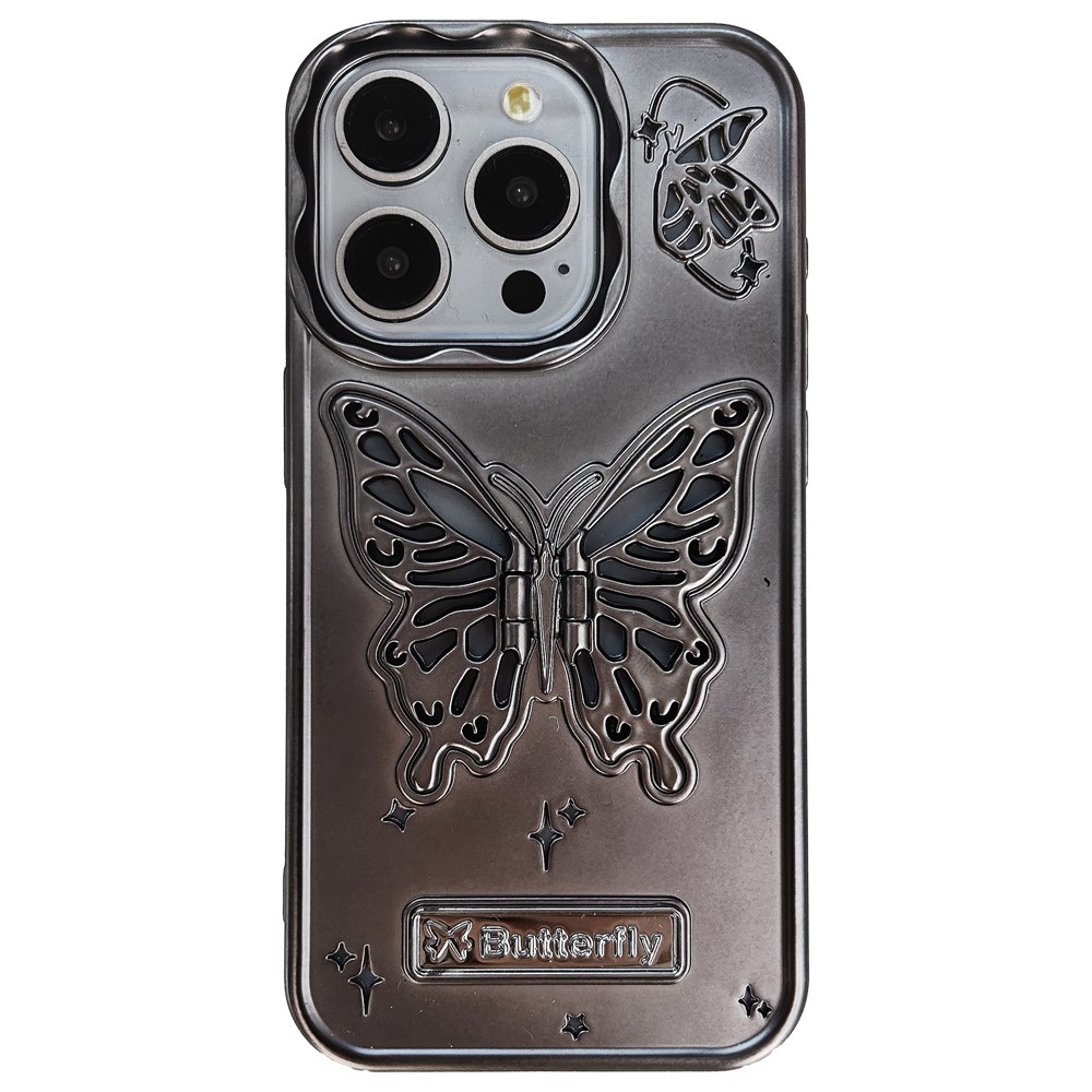 For iPhone 13 Pro TPU Cover Matte Butterfly Design PC Kickstand Cell Phone Shell - Titanium Grey
