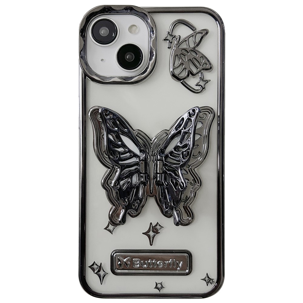 For iPhone 13 / 14 Phone Shell Electroplated Soft TPU Kickstand Phone Cover Butterfly Shape Design - Black