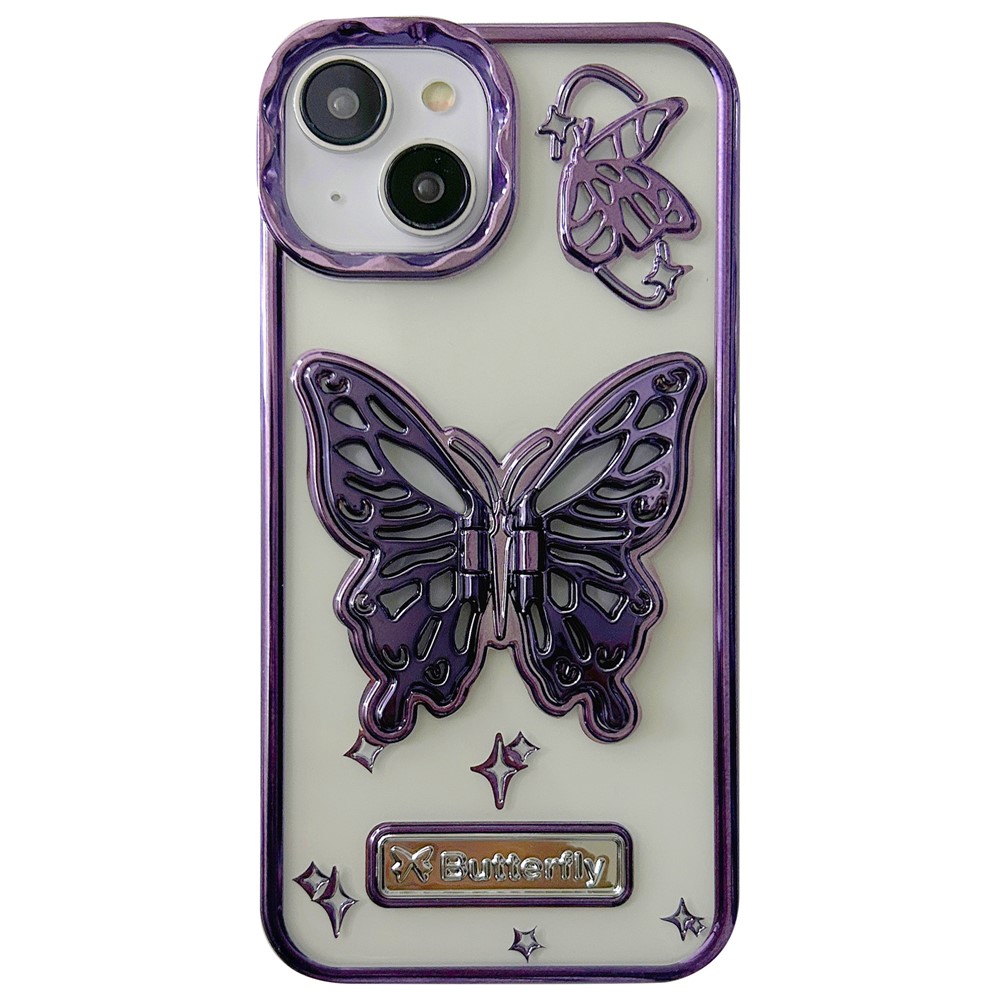 For iPhone 13 / 14 Phone Shell Electroplated Soft TPU Kickstand Phone Cover Butterfly Shape Design - Purple