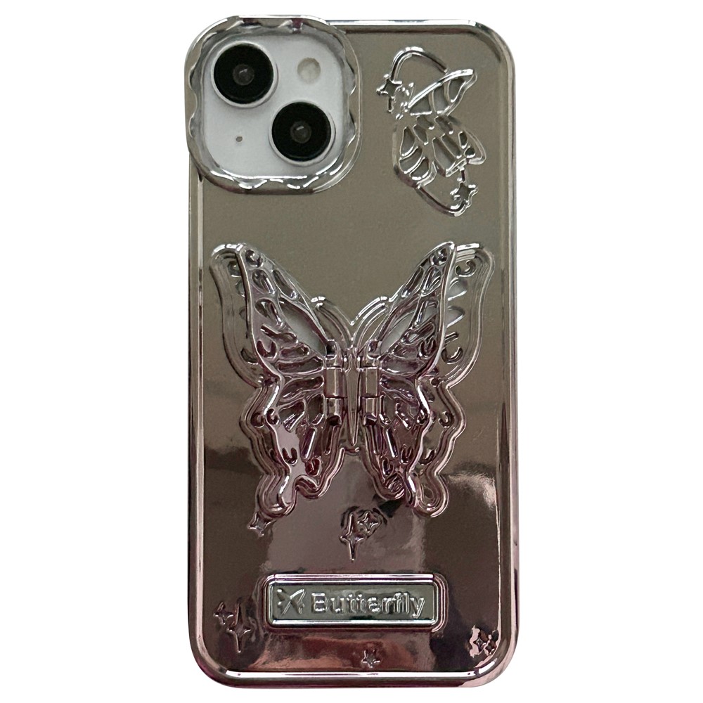 For iPhone 13 / 14 Case Electroplating TPU Phone Cover with Butterfly Shaped Kickstand Gradient Color - Pink