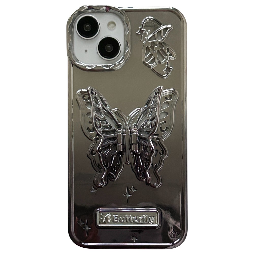 For iPhone 13 / 14 Case Electroplating TPU Phone Cover with Butterfly Shaped Kickstand Gradient Color - Black