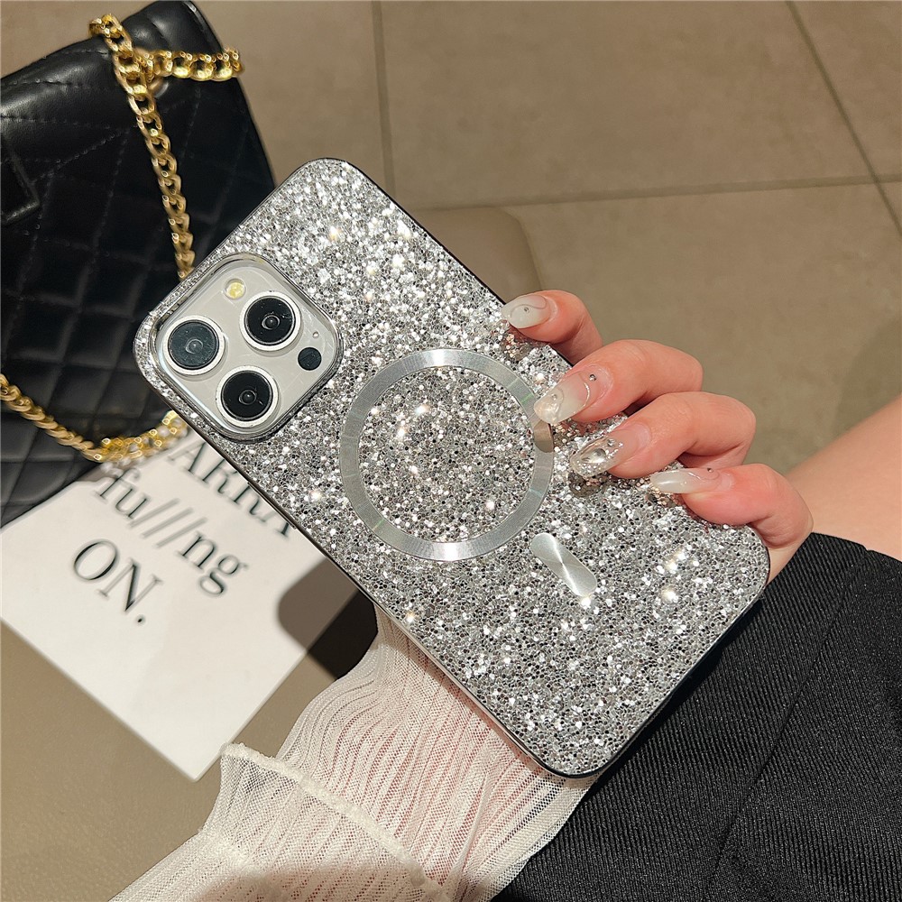 For iPhone 13 Pro Magnetic Case TPU+PC Glitter Sparkling Electroplating Phone Cover - Silver