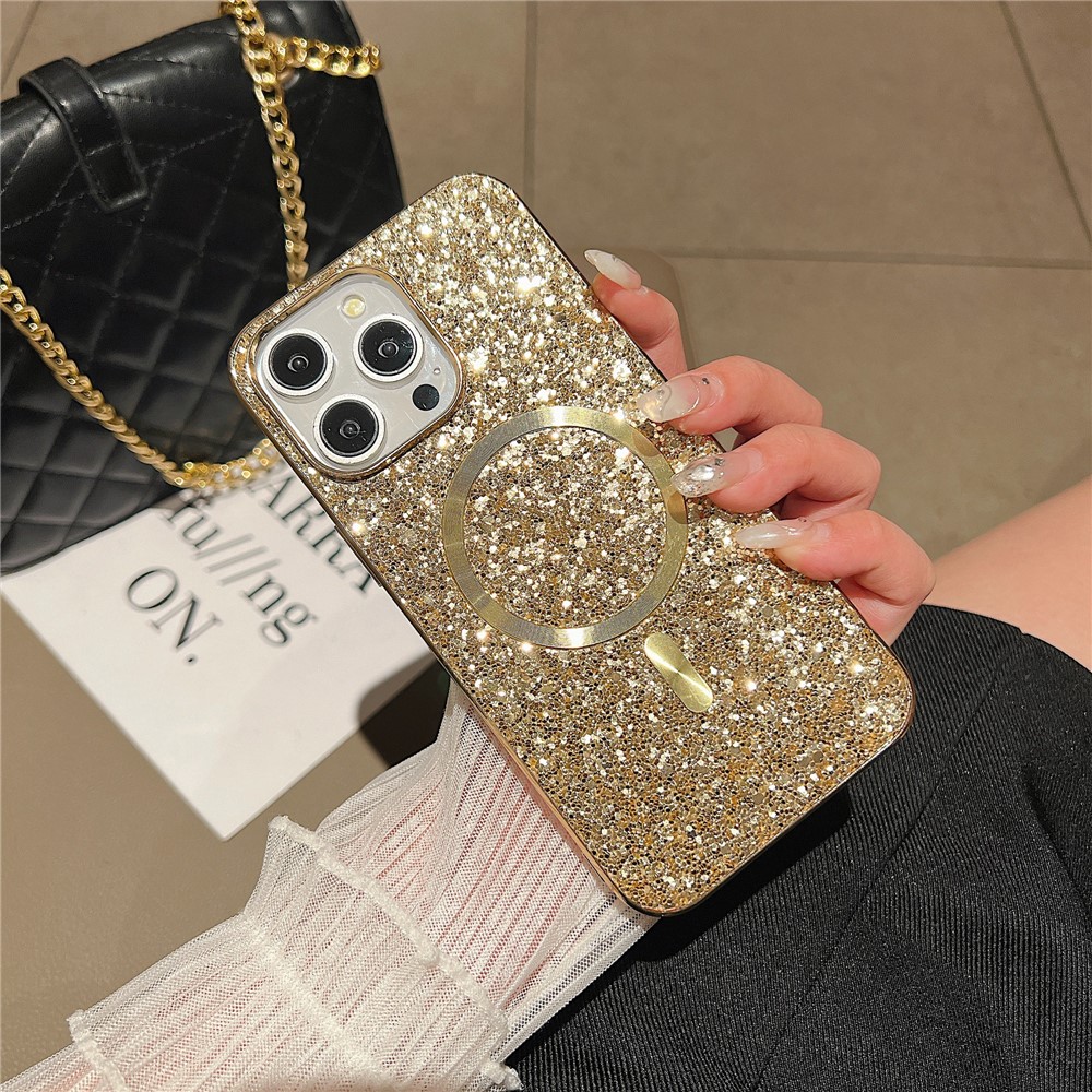 For iPhone 13 Pro Magnetic Case TPU+PC Glitter Sparkling Electroplating Phone Cover - Gold