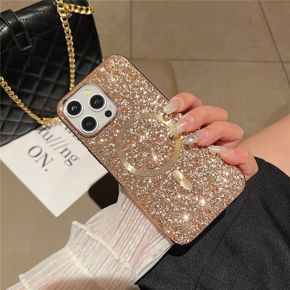 For iPhone 13 Pro Magnetic Case TPU+PC Glitter Sparkling Electroplating Phone Cover - Rose Gold
