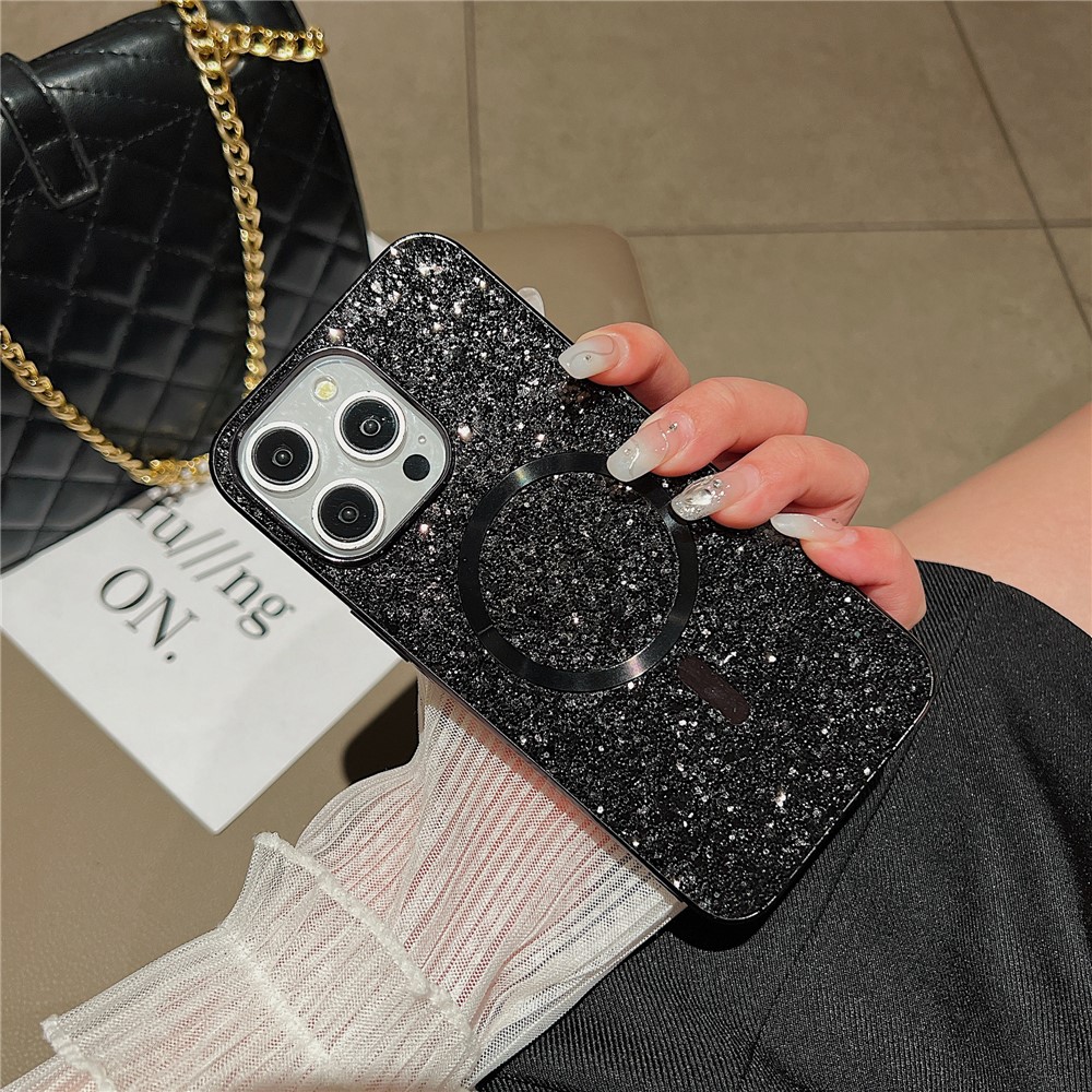 For iPhone 13 Pro Magnetic Case TPU+PC Glitter Sparkling Electroplating Phone Cover - Black