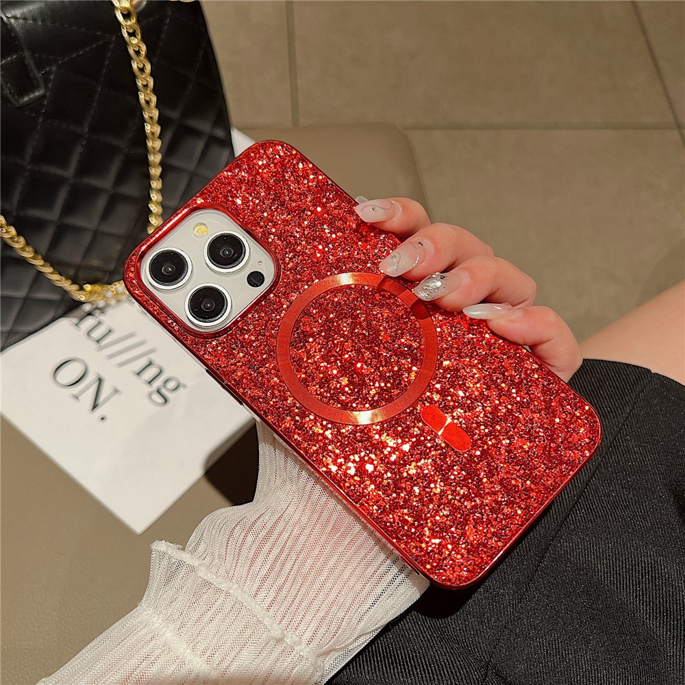 For iPhone 13 Pro Max  Magnetic Case Shockproof TPU+PC Glitter Electroplated Phone Cover - Red