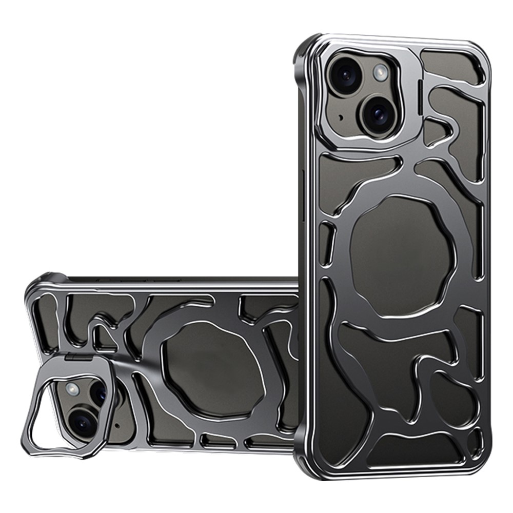 Auspicious Cloud Series For iPhone 13 Magnetic Case Aluminum Alloy Hollow Kickstand Phone Cover - Grey