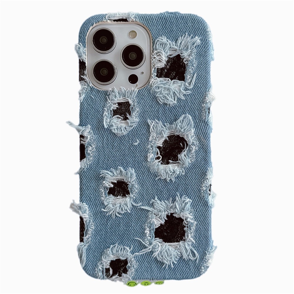 For iPhone 13 Pro Wholesale Phone Case Denim Cloth+PC Phone Cover with Black Mesh Hole