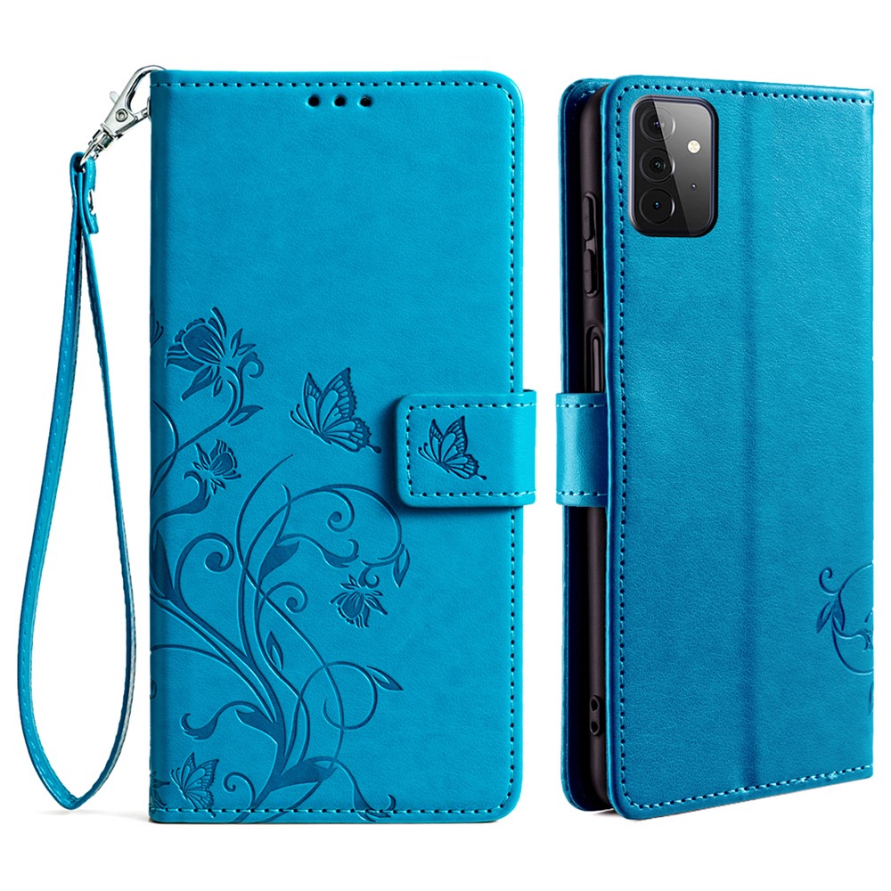 For Samsung Galaxy A72 5G / 4G Case Butterfly Flower PU Leather Cell Phone Shell Online Shopping   - Blue