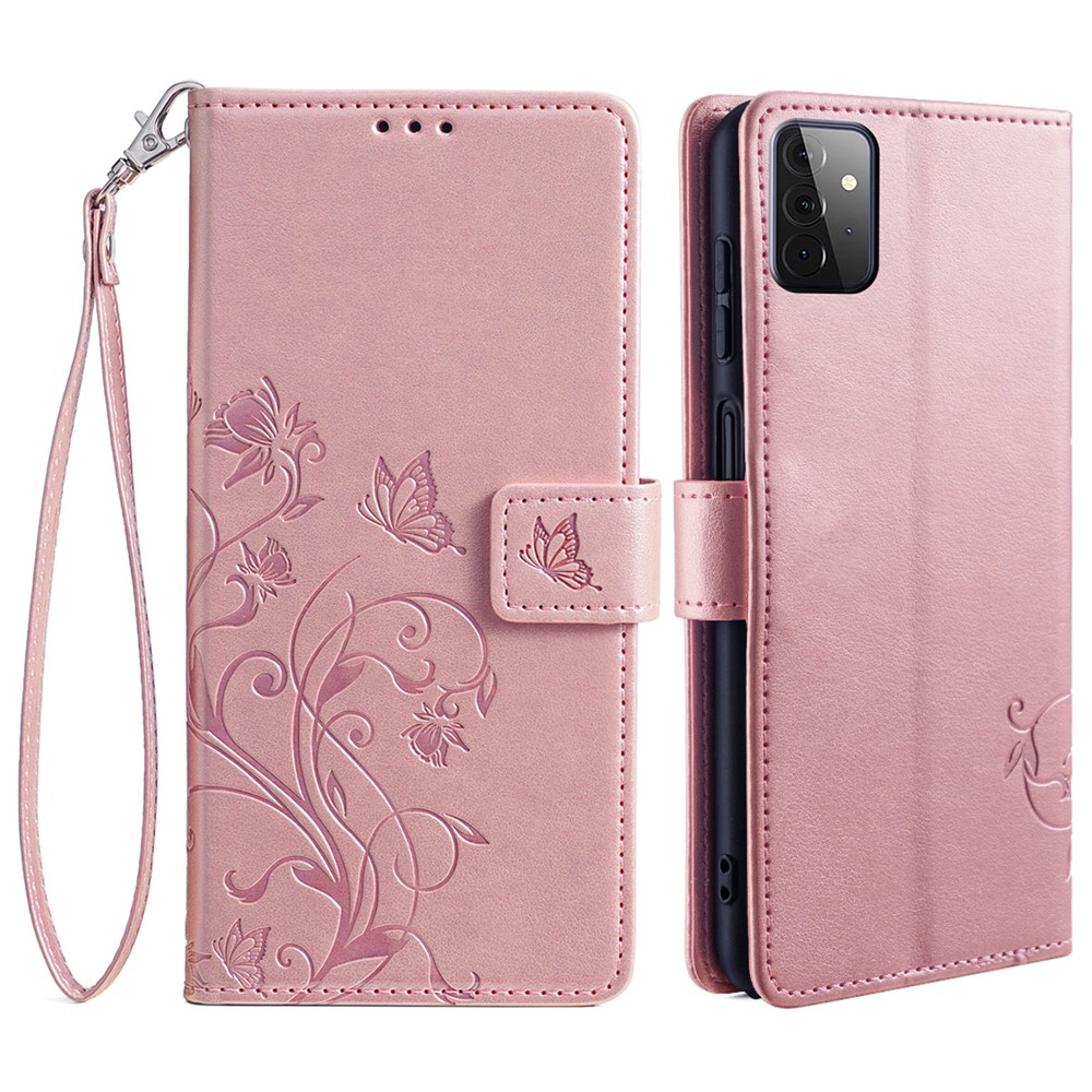 For Samsung Galaxy A72 5G / 4G Case Butterfly Flower PU Leather Cell Phone Shell Online Shopping - Rose Gold