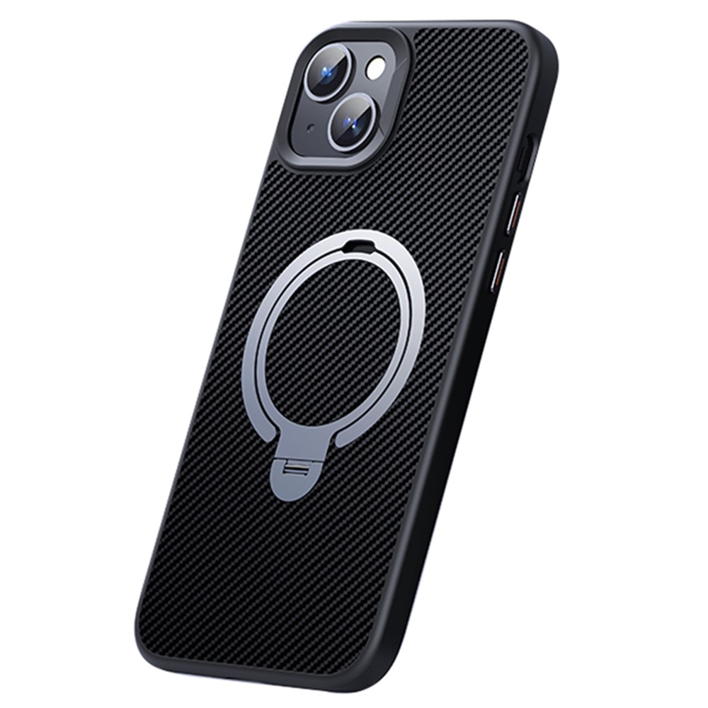 For iPhone 13 / 14 Magnetic Case with Kickstand Carbon Fiber Texture PC+TPU Phone Cover - Silver