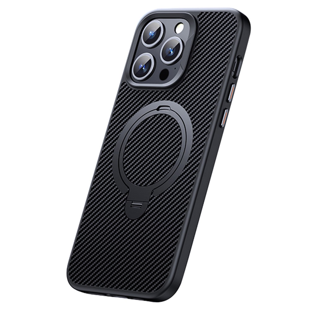 For iPhone 12 / 12 Pro Case Kickstand Protective Cover Carbon Fiber Texture Compatible with MagSafe - Black