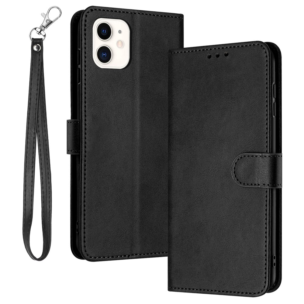 For iPhone 11 Case Anti-Scratch Wallet Stand Phone Cover Pure Color Cell Phone Shell - Black
