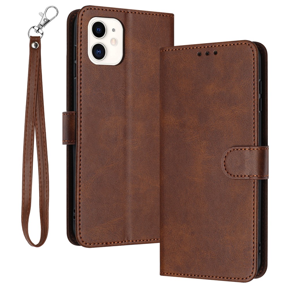 For iPhone 11 Case Anti-Scratch Wallet Stand Phone Cover Pure Color Cell Phone Shell - Brown