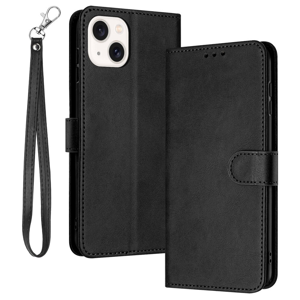 For iPhone 14 Plus / 15 Plus Drop-proof Case Calf Texture PU Leather Stand Phone Cover - Black