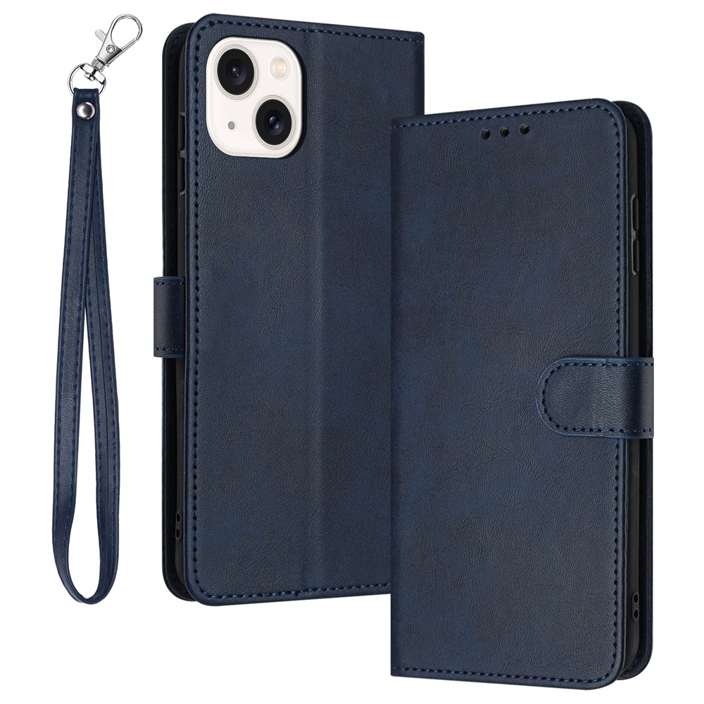 For iPhone 14 Plus / 15 Plus Drop-proof Case Calf Texture PU Leather Stand Phone Cover - Sapphire