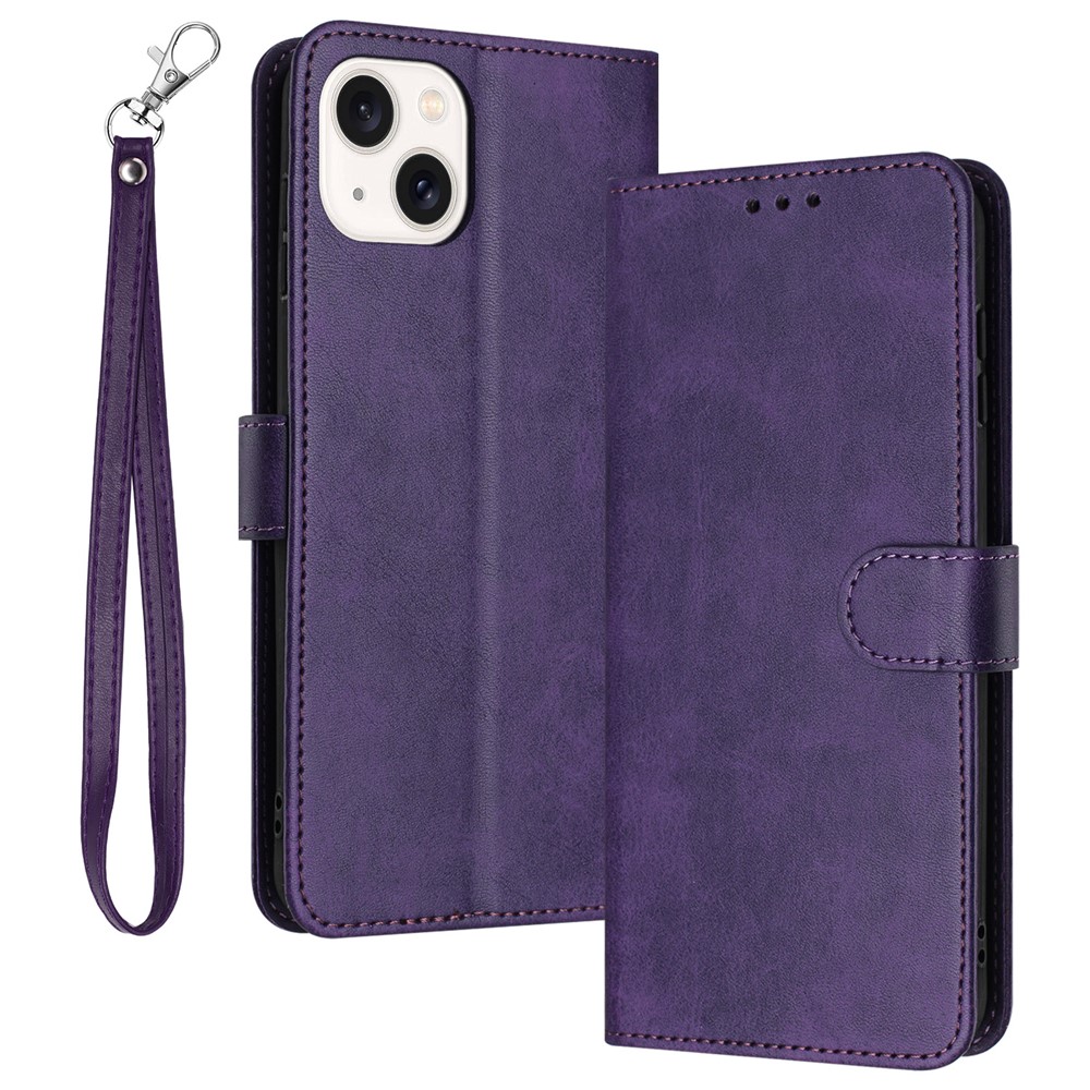 For iPhone 14 Plus / 15 Plus Drop-proof Case Calf Texture PU Leather Stand Phone Cover - Purple