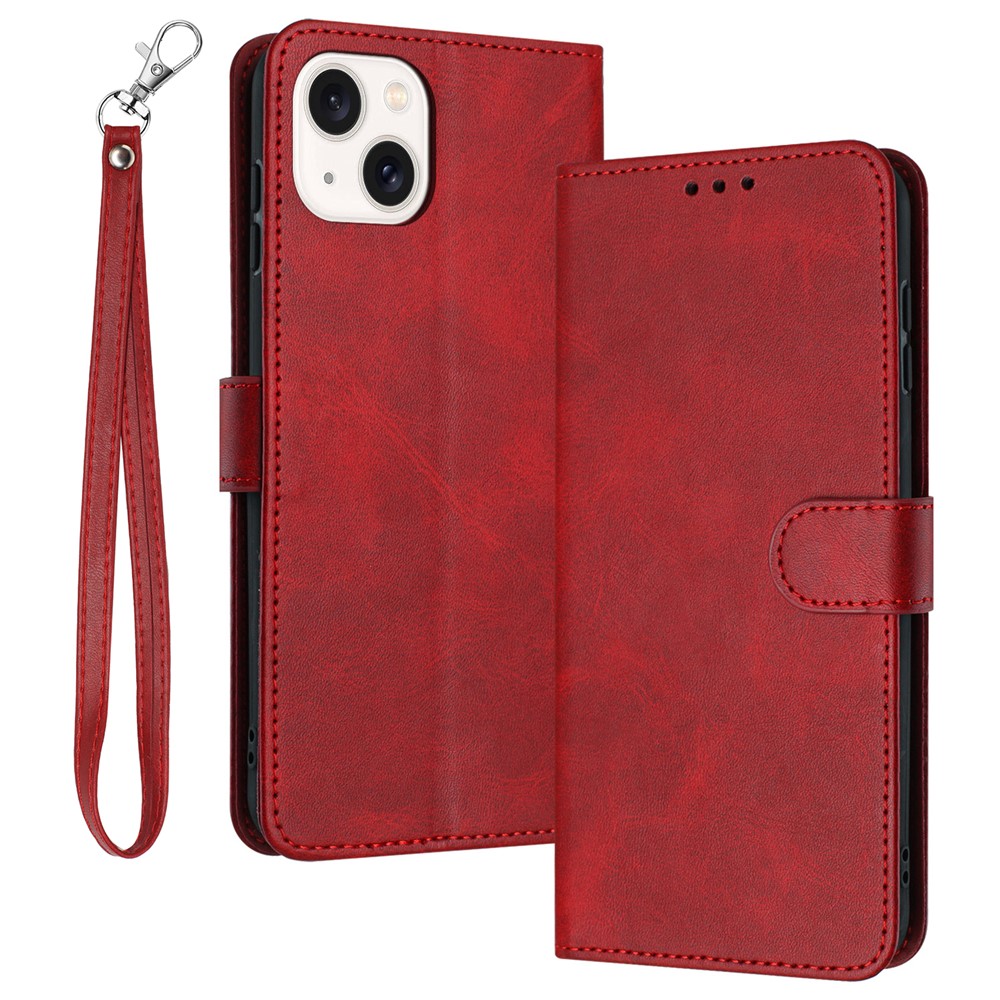 For iPhone 14 Plus / 15 Plus Drop-proof Case Calf Texture PU Leather Stand Phone Cover - Red