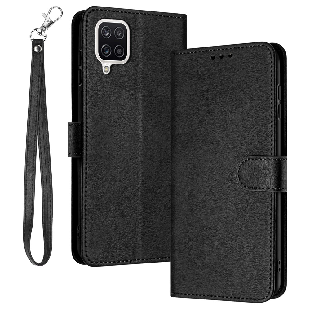 For Samsung Galaxy A12 / M12 / F12 Case Calf Texture Book Style Phone Cover Mobile Accessories - Black