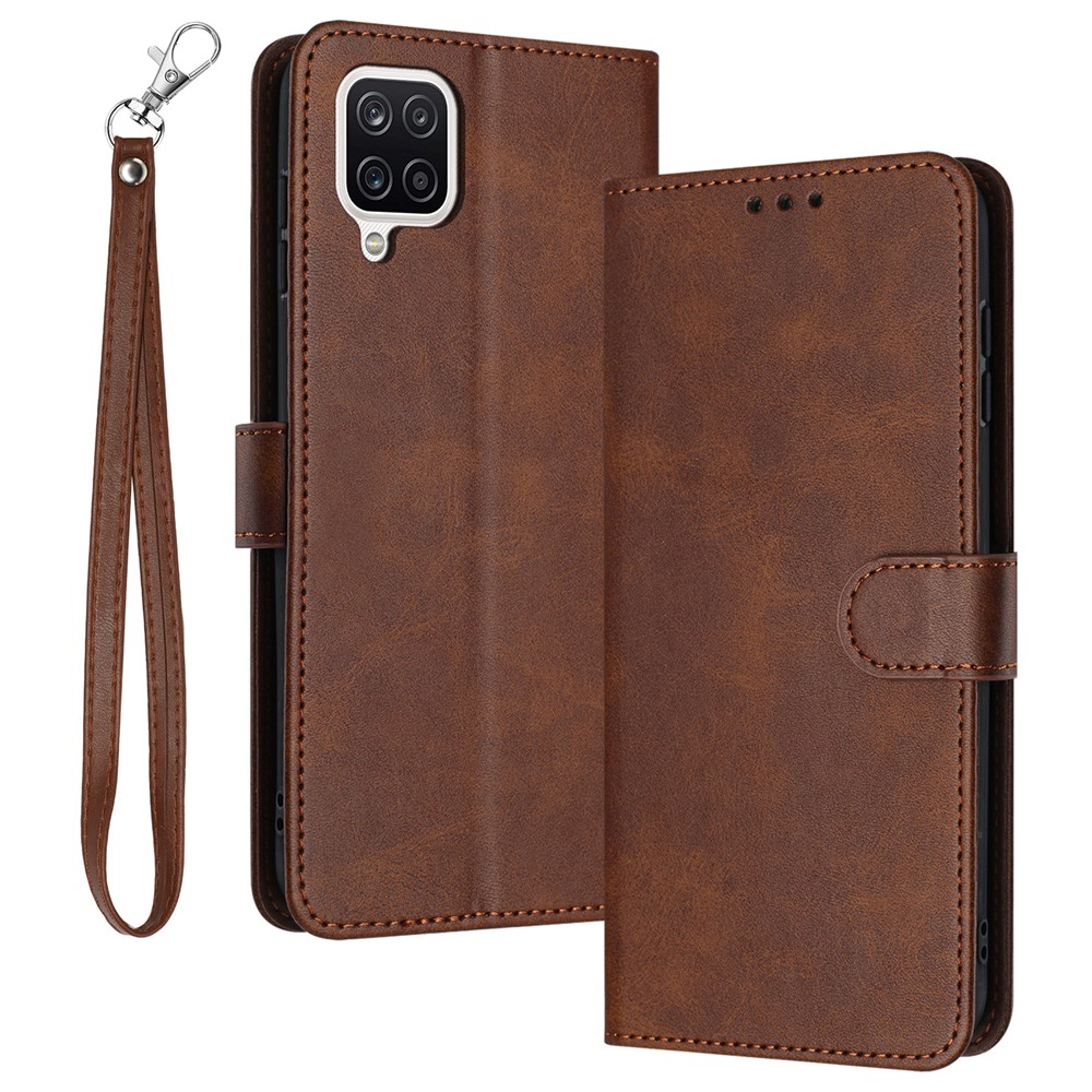 For Samsung Galaxy A12 / M12 / F12 Case Calf Texture Book Style Phone Cover Mobile Accessories   - Brown