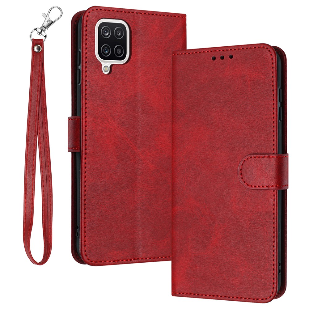 For Samsung Galaxy A12 / M12 / F12 Case Calf Texture Book Style Phone Cover Mobile Accessories - Red