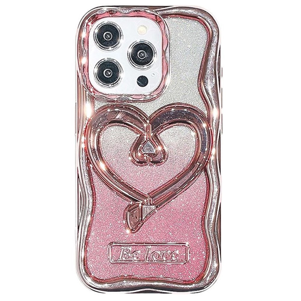 For iPhone 13 Pro Cell Phone Cases Electroplated PC Kickstand TPU Cover with Glitter Powder Paper - Pink