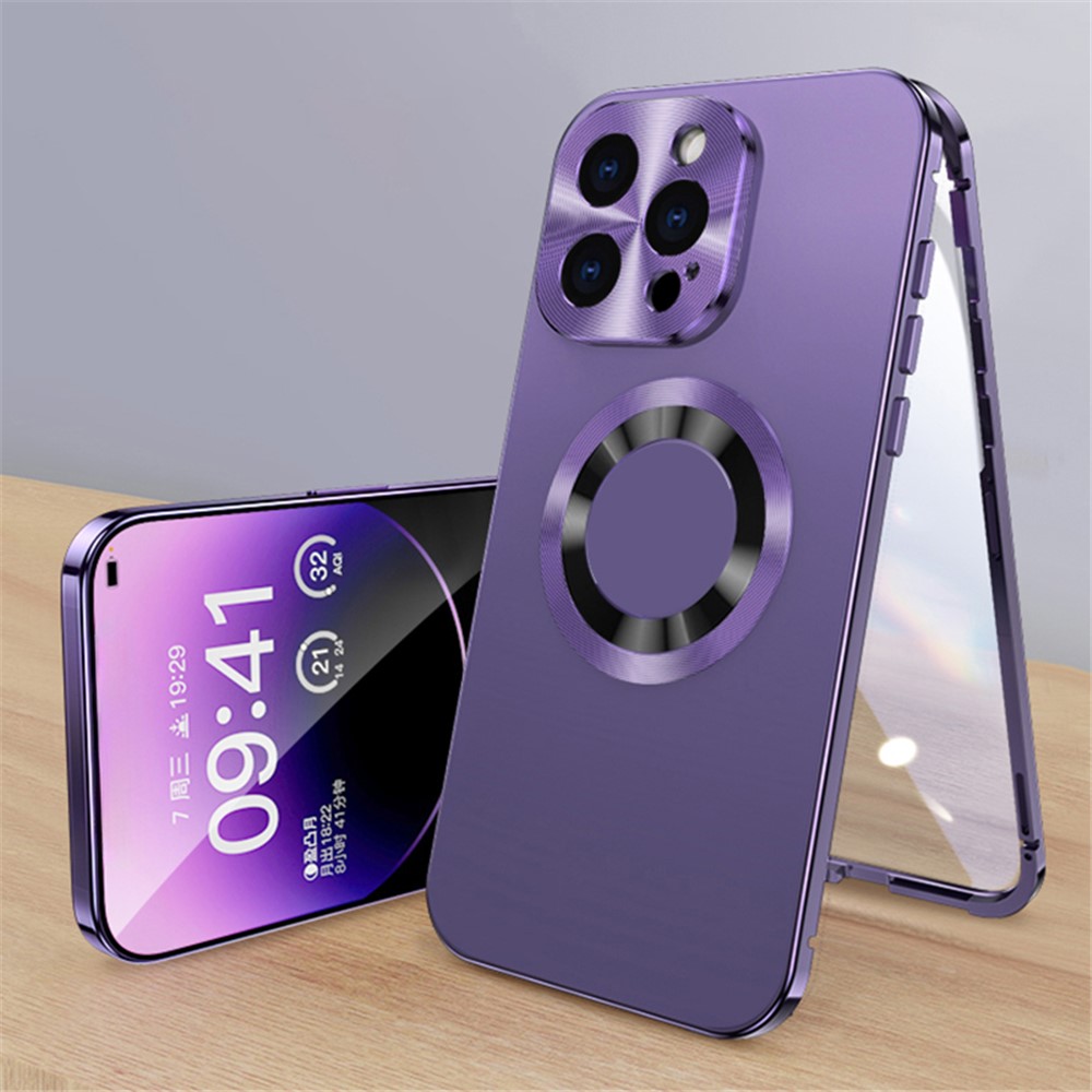For iPhone 13 Pro Magnetic Case Acrylic+Tempered Glass Buckle Lock Clear Logo View Phone Cover - Dark Purple