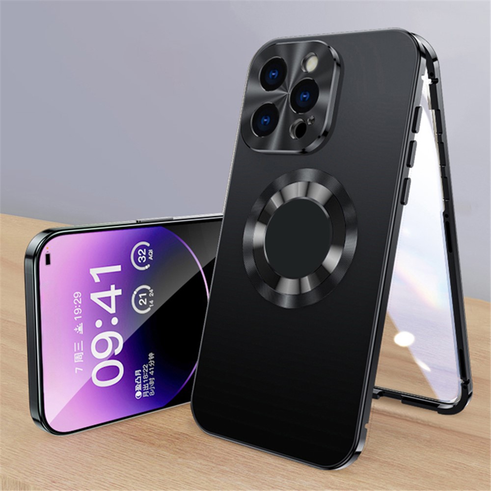 For iPhone 13 Pro Magnetic Case Acrylic+Tempered Glass Buckle Lock Clear Logo View Phone Cover - Black