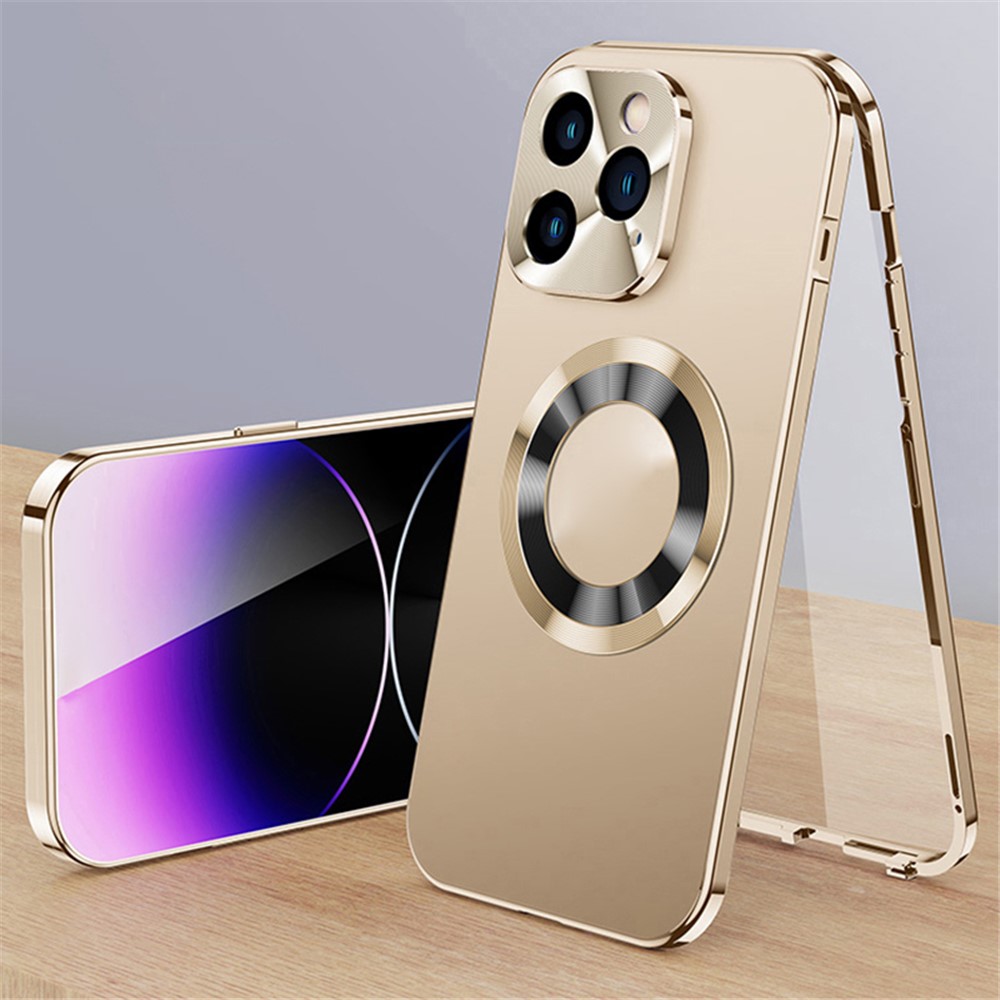 For iPhone 13 Pro Magnetic Case Acrylic+Tempered Glass Buckle Lock Clear Logo View Phone Cover - Gold