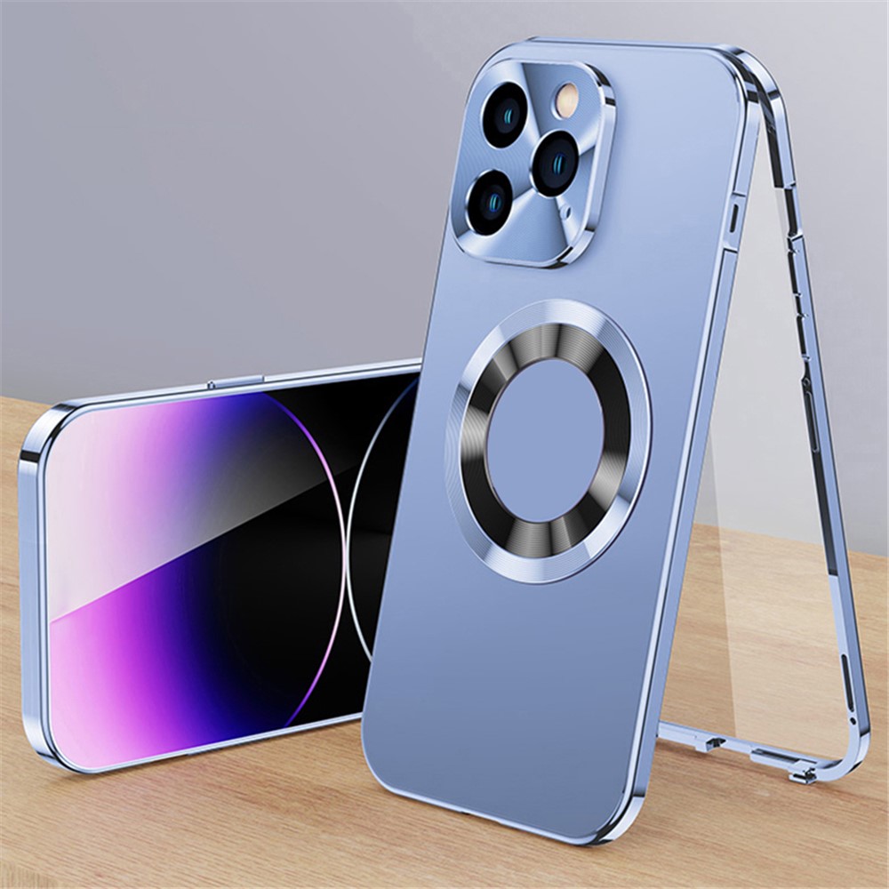 For iPhone 13 Pro Magnetic Case Acrylic+Tempered Glass Buckle Lock Clear Logo View Phone Cover - Blue