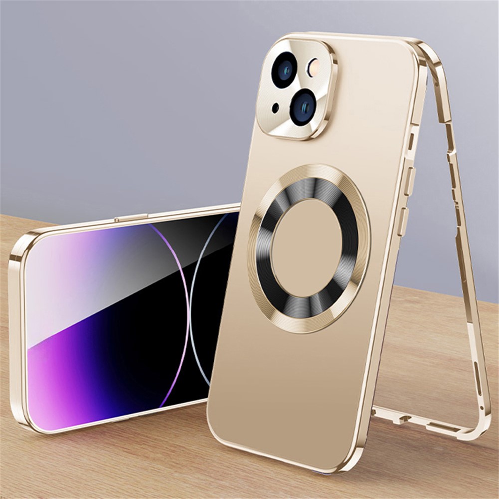 For iPhone 14 Case Compatible with MagSafe  Acrylic+Tempered Glass Clear Phone Case - Gold